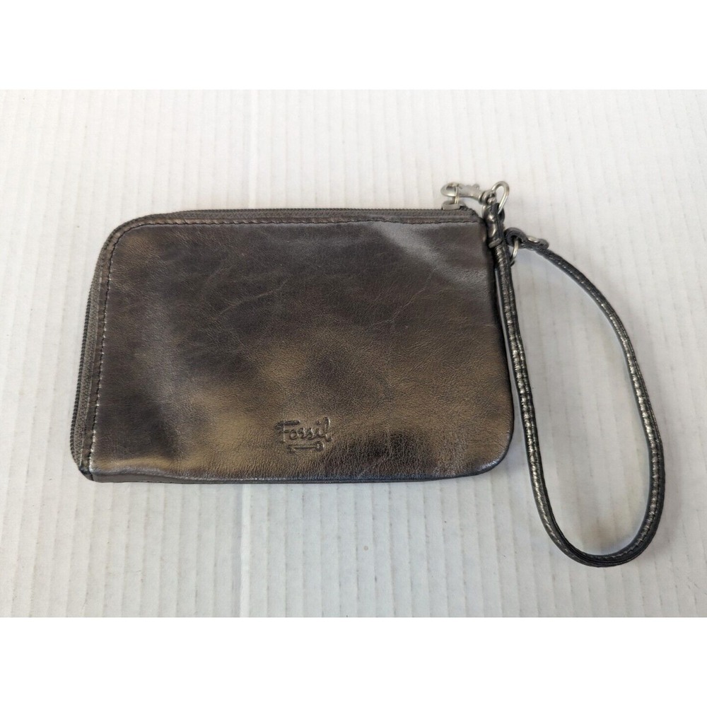Fossil Genuine Leather Wristlet Metallic Silver Wallet Clutch Zippered